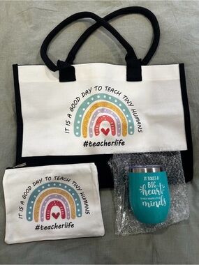 #teacherlife Rainbow Teacher Tote and Pouch Set in White and Black